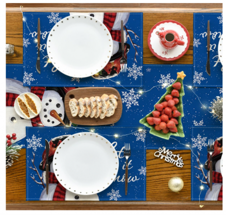 Set 4 feţe de masă „Snowman” 30×45 cm, poliester 100 %, anti-şifonare, lavabile, décor Crăciun - albastru [4]