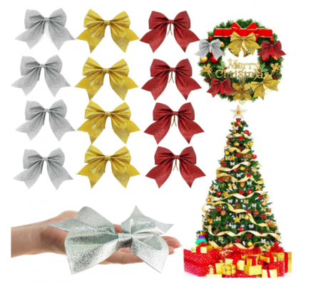 Lichidare Stoc - Set 12 fundițe decorative Crăciun – glitter auriu/argintiu/roșu, textile reutilizabile