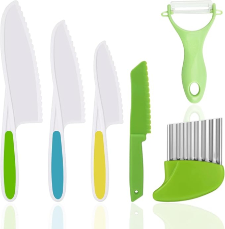 Genti termo-izolante - Set cutite sigure pentru copii, 6 piese – cutite pentru legume, fructe, paine, salate, prajituri – maner ergonomic, margini ondulate, din plastic durabil