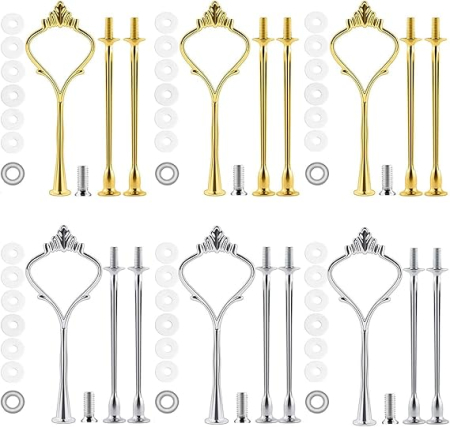 Bucatarie & Servire masa - Set 6 suporturi prajituri BetterJonny, kit stand tort 2-3 etaje, cu tije metalice si cutter pentru gaurire, argintiu/auriu