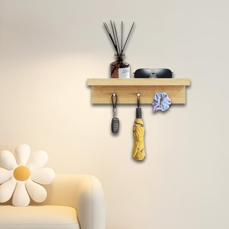 cuier/ suport chei decorativ perete, organizator bambus cu 3 cârlige și tavă, montaj cu șuruburi, hol, bucătărie, birou, stil farmhouse [2]