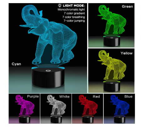 Lampă LED 3D „Iluzie Optică” Elefant, schimbare 7–16 culori, comandă tactilă + telecomandă, USB/baterii – decor Crăciun & cadou copii [1]