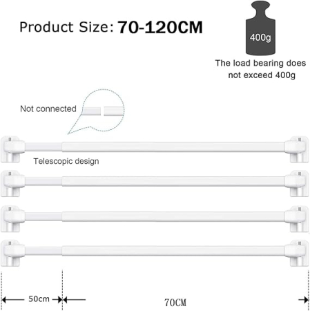 Set 6 tije extensibile BANJILI  70-120 cm, metalice, reglabile, cu fixare autoadeziva, pentru perdele si dulapuri, alb [3]