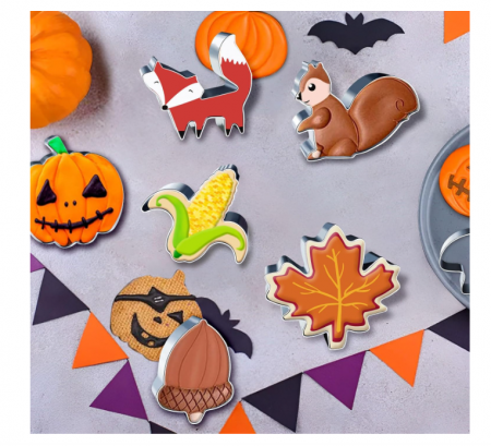 Set 8 forme biscuiti inox toamnă – veveriță, ghindă, dovleac, trei frunze – cookie cutters pentru Halloween/Thanksgiving [2]