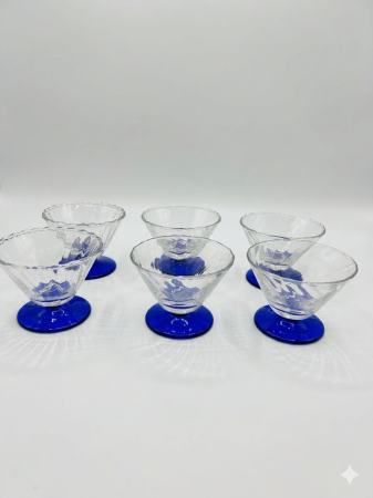Set 6 cupe inghetata din sticla, 8 cm inaltime, 12 cm diametru, picior albastru, desert, inghetata, fructe, transparent [4]