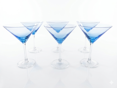 Vesela unica folosinta - Set 6 pahare Martini 200 ml, sticla transparenta cu baza albastra, pentru cocktailuri, elegante, reutilizabile