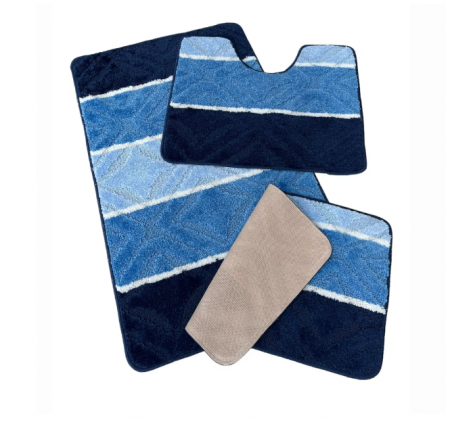 Set covoras de baie 3 piese, polipropilena, 100x60, 60x50, 40x60, Albastru Dungi [3]