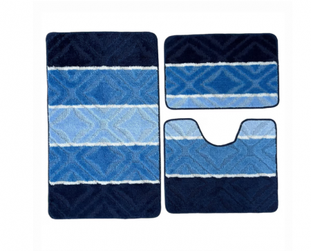 Set covoras de baie 3 piese, polipropilena, 100x60, 60x50, 40x60, Albastru Dungi [0]