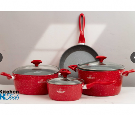 Set cratite din aluminiu forjat, 7 piese, Bohmann, marmorat interior-exterior, inclusiv inductie, rosu [6]