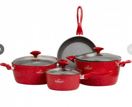 Set cratite din aluminiu forjat, 7 piese, Bohmann, marmorat interior-exterior, inclusiv inductie, rosu [0]