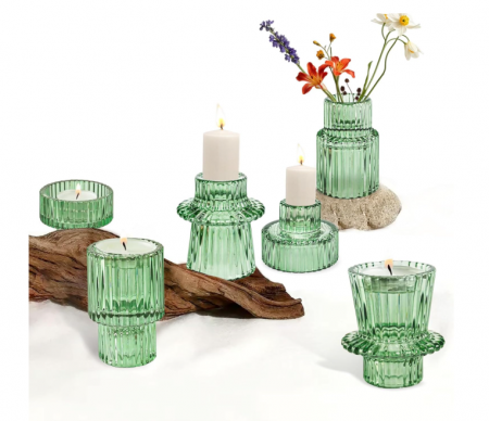 Vaze si boluri decorative - Set suporturi de lumânări Tealight/Stâlp- verde – sticlă groasă cu efect prismă, design elegant pentru nuntă și decor masă