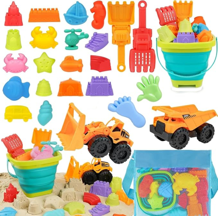 Lichidare Stoc - Set jucarii nisip 26 piese pentru copii, vehicule santier, galetusa pliabila, forme nisip, sac depozitare