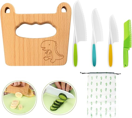 Genti termo-izolante - Set 5 cutite pentru copii, siguranta in bucatarie, pentru fructe si legume, cu cutit din lemn antitaiere, model Dinozaur