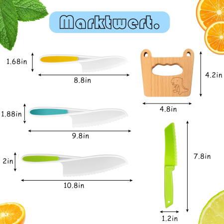 Set 5 cutite pentru copii, siguranta in bucatarie, pentru fructe si legume, cu cutit din lemn antitaiere, model Dinozaur [1]