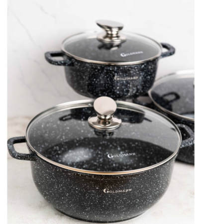 Set 3 cratite cu capace sticla, 20/24/28 cm, 2.3l/4.5l/6.5l, aluminiu turnat si invelis marmorat interior/exterior, Goldmann [2]