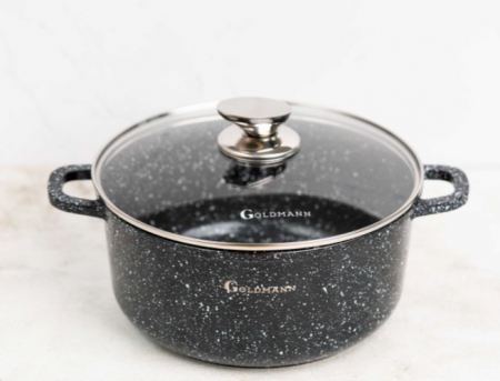Set 3 cratite cu capace sticla, 20/24/28 cm, 2.3l/4.5l/6.5l, aluminiu turnat si invelis marmorat interior/exterior, Goldmann [3]