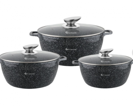 Oale si cratite - Set 3 cratite cu capace sticla, 20/24/28 cm, 2.3l/4.5l/6.5l, aluminiu turnat si invelis marmorat interior/exterior, Goldmann
