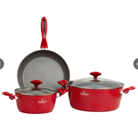 Set cratite din aluminiu forjat, 5 piese, Bohmann, marmorat interior-exterior, inclusiv inductie, rosu [0]