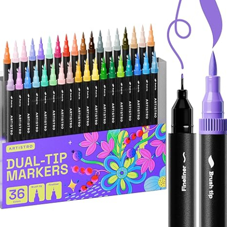Lichidare Stoc - Set 36 markere ARTISTRO cu dubla varf, varf pensula si varf fin 0.016 in, pentru colorat adulti si jurnal