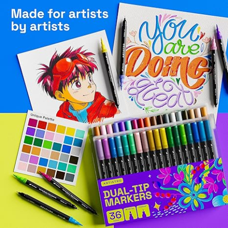 Set 36 markere ARTISTRO cu dubla varf, varf pensula si varf fin 0.016 in, pentru colorat adulti si jurnal [1]