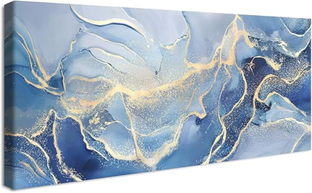 Paturi si cuverturi - Tablou canvas abstract marmura albastru gri auriu, minimalist modern, cu rama din lemn, 50x120 cm