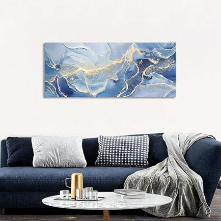 Tablou canvas abstract marmura albastru gri auriu, minimalist modern, cu rama din lemn, 50x120 cm [5]