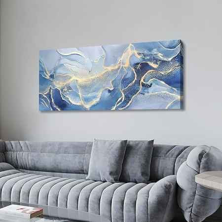 Tablou canvas abstract marmura albastru gri auriu, minimalist modern, cu rama din lemn, 50x120 cm [2]