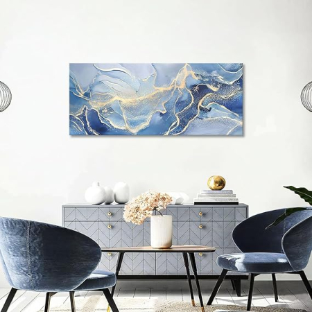 Tablou canvas abstract marmura albastru gri auriu, minimalist modern, cu rama din lemn, 50x120 cm [3]