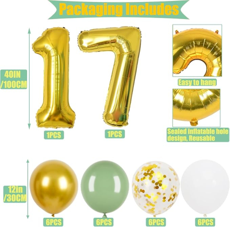Set decorațiuni pentru aniversarea de 17 ani – banner verde cu auriu, triunghiuri, 24 de piese, baloane “Happy Birthday” pentru fete și băieți [3]