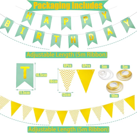 Set decorațiuni pentru aniversarea de 17 ani – banner verde cu auriu, triunghiuri, 24 de piese, baloane “Happy Birthday” pentru fete și băieți [4]
