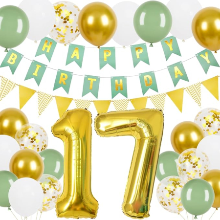 Lichidare Stoc - Set decorațiuni pentru aniversarea de 17 ani – banner verde cu auriu, triunghiuri, 24 de piese, baloane “Happy Birthday” pentru fete și băieți