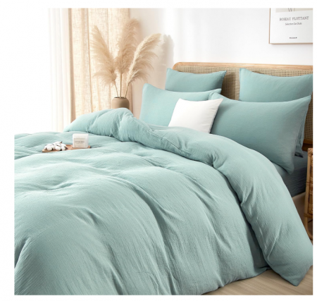 Lichidare Stoc - Set husă pilotă muselină bumbac 240 × 220 cm + 2 fețe pernă 65 × 65 cm – culoare verde menta, moale, respirabil, cu fermoar - Copie