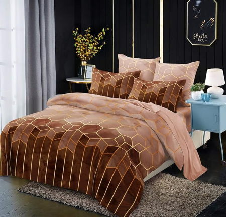 Lichidare Stoc - set husa pilota microfibra Luofanfei 155x220 cm, model dungi geometrice, galben/taupe/maro/khaki, set 3 piese, cu fermoar