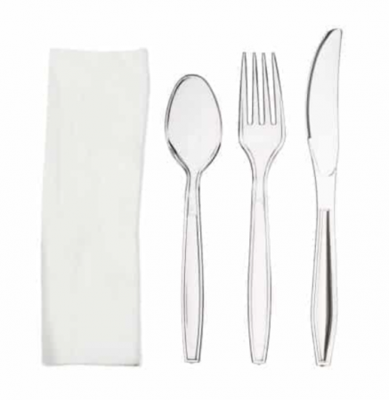 Tacamuri si seturi - Set tacam lingura + furculita + cutit + servetel, din plastic transparent 100buc/set, 777R