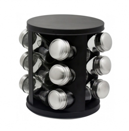 Articole pentru servire - Set condimente rotativ, 12 recipiente, negru mat