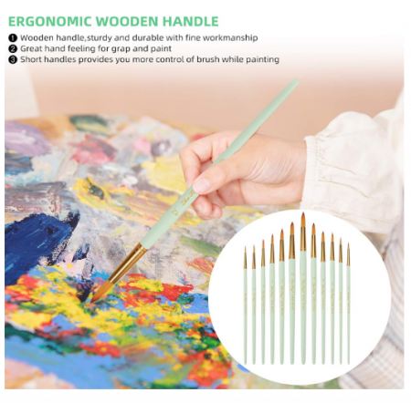 Set pensule sintetice nylon – 12 piese pentru pictură acrilic, acuarelă, ulei, verde menta [4]