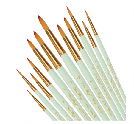 Birotica - Set pensule sintetice nylon – 12 piese pentru pictură acrilic, acuarelă, ulei, verde menta