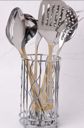 Set ustensile gatit, 7 piese, suport inclus, otel inoxidabil, Rosberg, auriu [7]