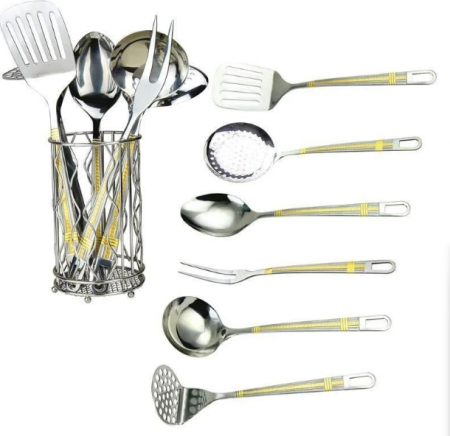 Set ustensile gatit, 7 piese, suport inclus, otel inoxidabil, Rosberg, auriu [0]