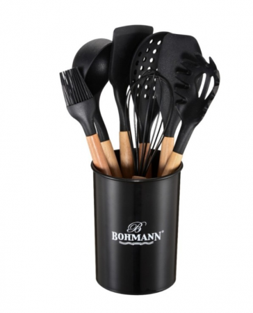 Tacamuri si seturi - Set ustensile bucatarie Bohmann 8 piese, silicon alimentar, maner lemn, negru