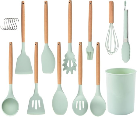 Bucatarie & Servire masa - Set 12 ustensile bucatarie din silicon cu maner de lemn, rezistente la caldura, verde, cu suport