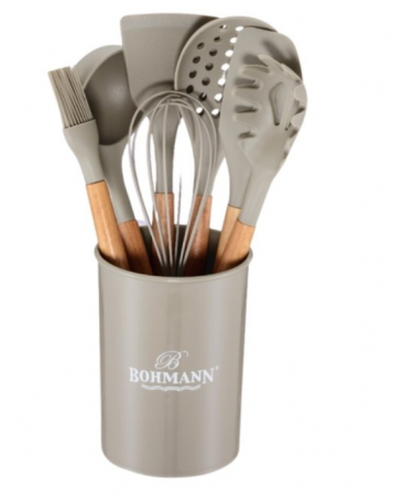 Tacamuri si seturi - Set ustensile bucatarie Bohmann 8 piese, silicon alimentar, maner lemn, gri