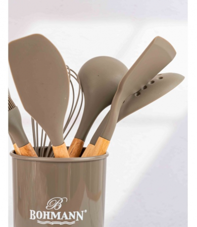Set ustensile bucatarie Bohmann 8 piese, silicon alimentar, maner lemn, gri [5]
