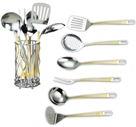 Tacamuri si seturi - Set ustensile gatit, 7 piese, suport inclus, otel inoxidabil, Rosberg, auriu