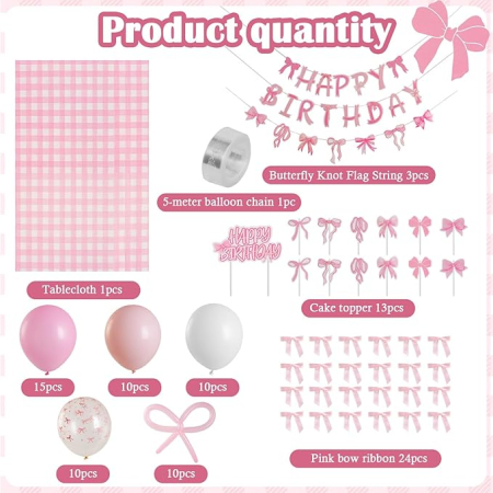 Set decorațiuni SUNBEAUTY pentru ziua de naștere – 96 piese, baloane cu fundițe, fețe de masă, bannere, petrecere fete, balon cu papion [2]
