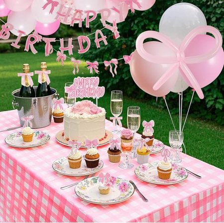 Lichidare Stoc - Set decorațiuni SUNBEAUTY pentru ziua de naștere – 96 piese, baloane cu fundițe, fețe de masă, bannere, petrecere fete, balon cu papion