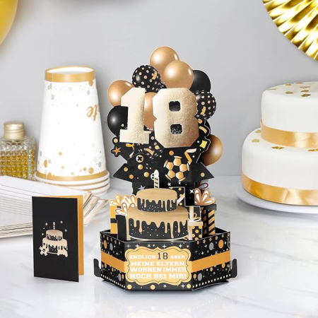 Lichidare Stoc - Felicitare 3D Pop-Up pentru aniversare 18 ani, Rhdekoein, cu plic, negru