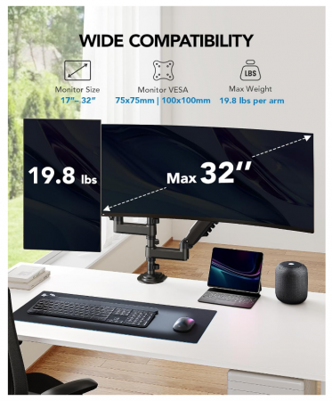 Suport Dublu pentru Monitoare - Braț Articulat cu Prindere pe Birou, Compatibil VESA 13”-27”, Reglabil pe Înălțime, Pivotare 360°, Capacitate 8 kg/Monitor - Resigilat [1]