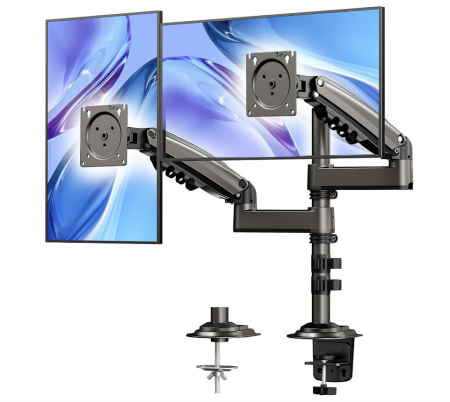 Lichidare Stoc - Suport Dublu pentru Monitoare - Braț Articulat cu Prindere pe Birou, Compatibil VESA 13”-27”, Reglabil pe Înălțime, Pivotare 360°, Capacitate 8 kg/Monitor - Resigilat