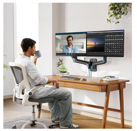 Suport de Perete Dublu pentru Monitoare 17–32” – Braț Articulat cu Gaz, VESA 75/100 mm, Capacitate 3–8 kg per Monitor, Rotire 360°, Reglabil pe Înălțime- Resigilat [6]